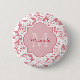 Modern Light Pink Floral Girly Monogram With Name 2 Inch Round Button