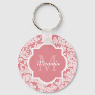 Modern Light Pink Floral Girly Monogram With Name Keychain