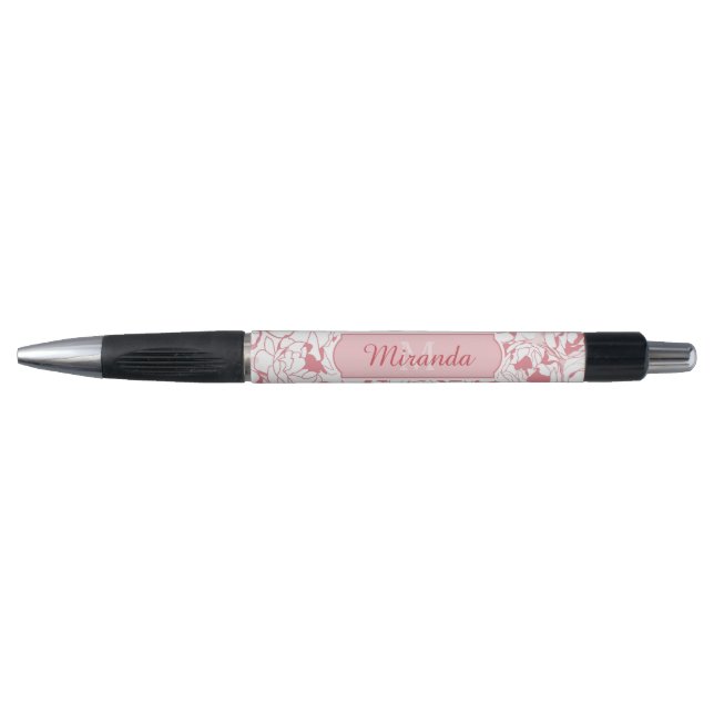 Modern Light Pink Floral Girly Monogram With Name Pen (Front)