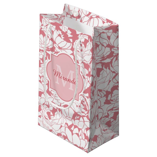Modern Light Pink Floral Girly Monogram With Name Small Gift Bag (Front Angled)