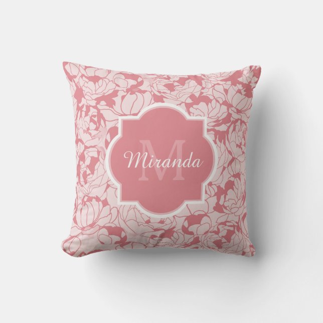 Modern Light Pink Floral Girly Monogram With Name Throw Pillow (Front)