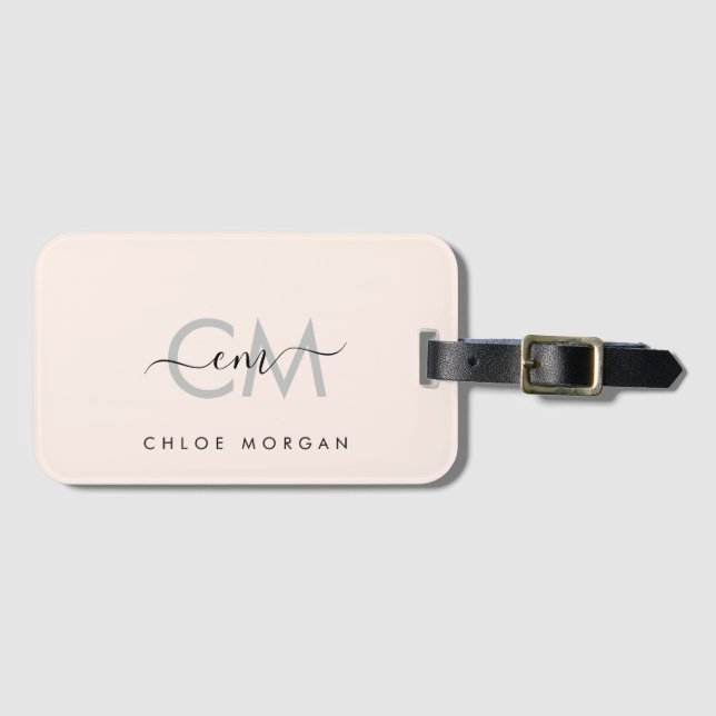 Modern light pink script signature monogram luggage tag (Front Horizontal)