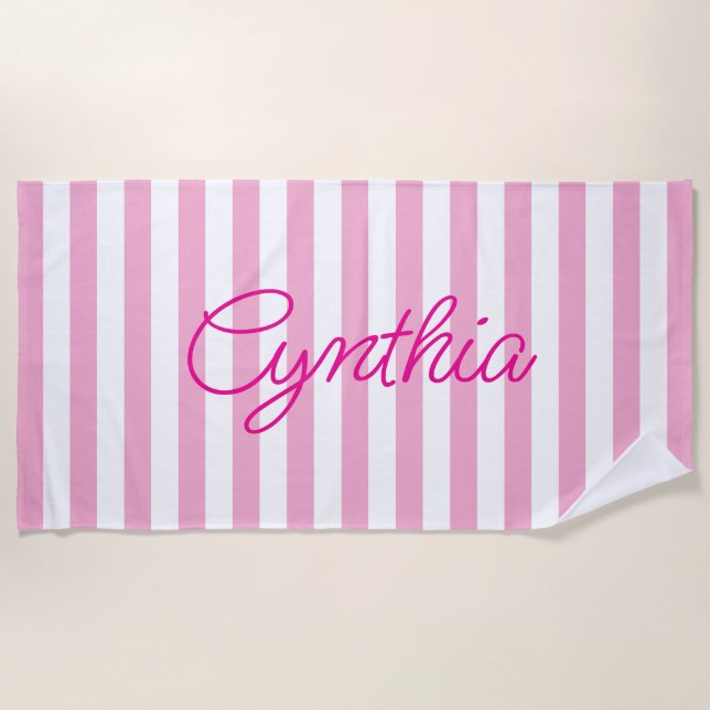 Modern Light Pink Stripe Personalized Beach Towel (Front)