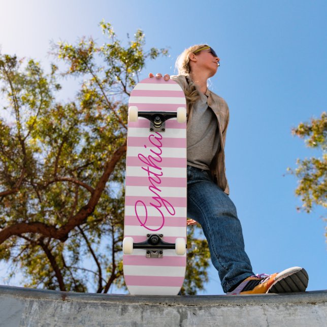 Modern Light Pink Stripe Personalized Skateboard (Outdoor 1)