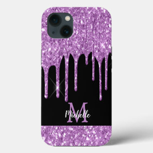 Modern Light Purple Glitter Drips Monogram iPhone 13 Case