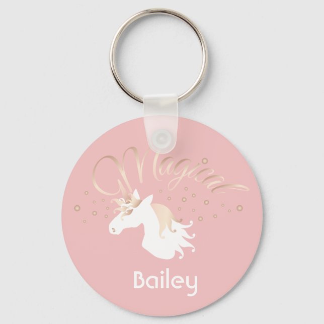 Modern Light Rose Pink White Magical Unicorn Keychain (Front)