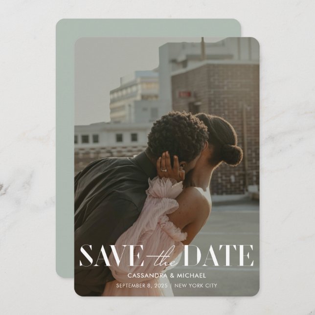 Modern Light Sage Photo QR Code Wedding Save Date Invitation (Front/Back)