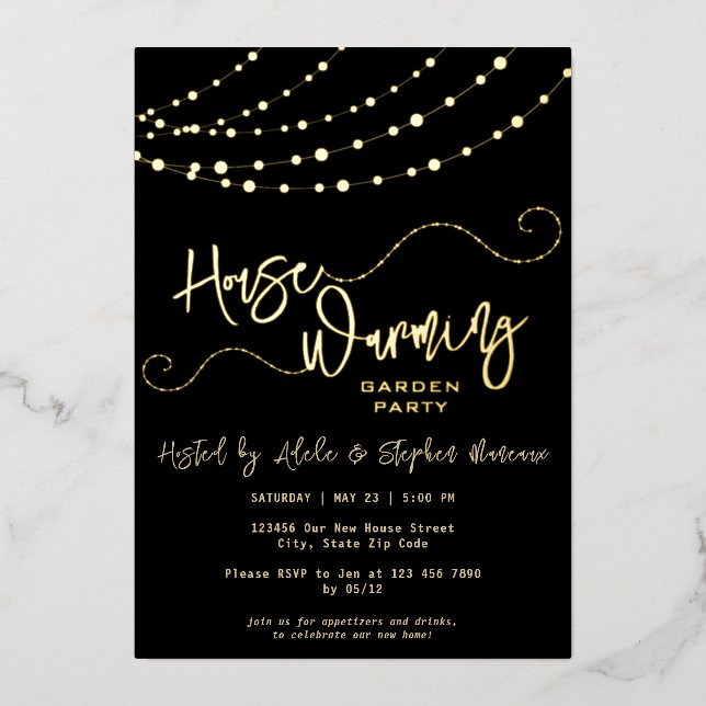 Modern Light String Script Housewarming Party Gold (Front)