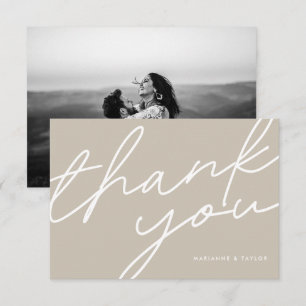 Modern Light Taupe Brown Calligraphy Wedding Photo Thank You Card