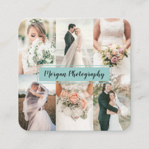 Modern light teal photographer photo collage plain square business card