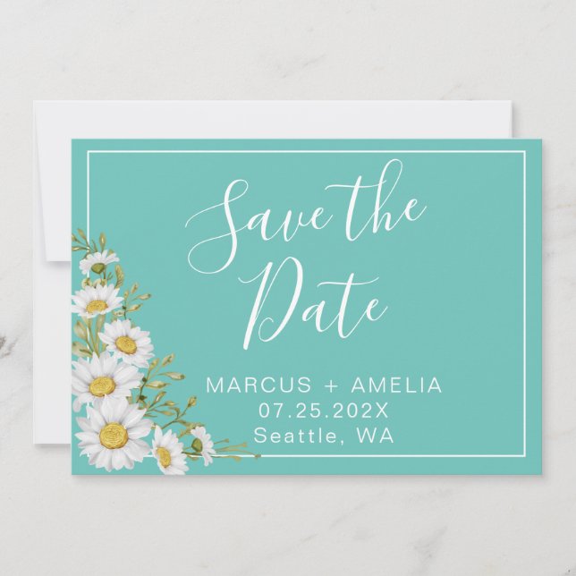 Modern  Light Teal & White Daisies  Save The Date (Front)