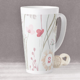 Modern Light Wildflower Monogram Pink Green Latte Mug