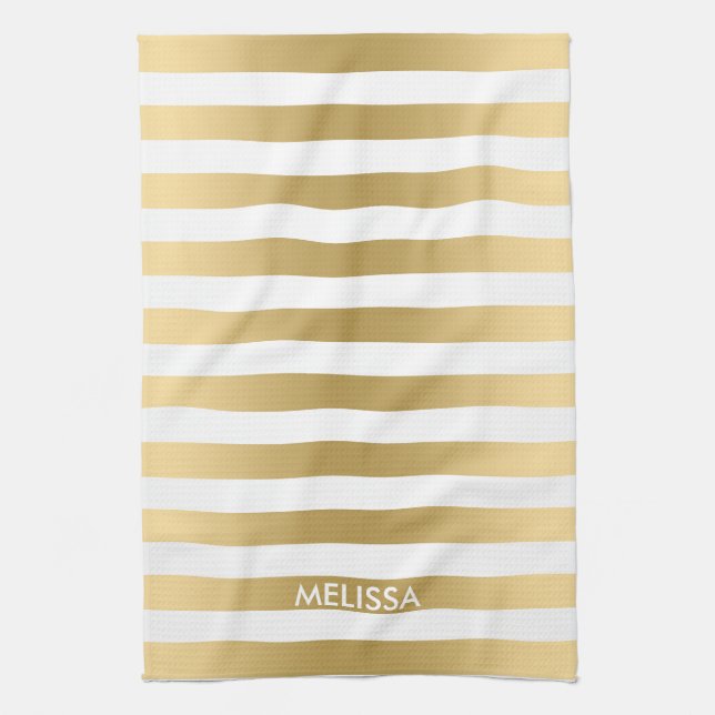 Modern Light Yellow Gold & White Stripes Pattern Kitchen Towel (Vertical)