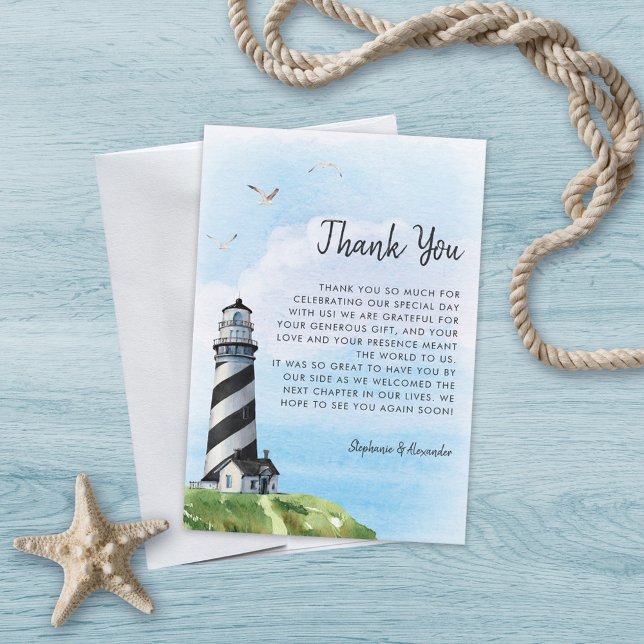 Modern Lighthouse Watercolor Nautical Wedding  Thank You Card (Creator Uploaded)