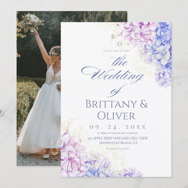  Modern Lilac & Blue Spring  Floral Wedding Invitation (Front/Back)