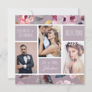 Modern Lilac Floral Photo Collage Wedding Thank You Card
