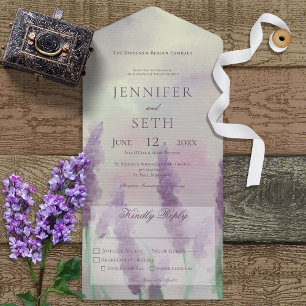 Modern Lilac Flowers on Sage Green Dinner All In One Invitation