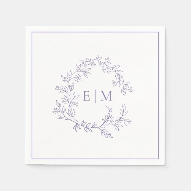 Modern Lilac Lavender Leafy Crest Monogram Wedding Napkin (Front)