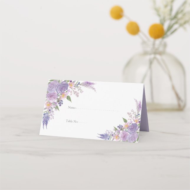 Modern Lilac Lavender Mauve Script Floral Wedding Place Card (Front)