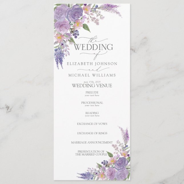 Modern Lilac Lavender Mauve Script Floral Wedding Program (Front)
