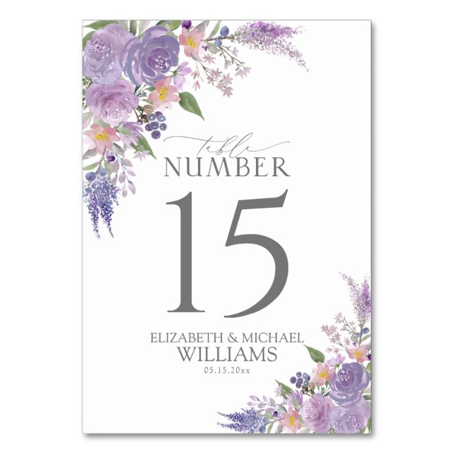 Modern Lilac Lavender Mauve Script Floral Wedding Table Number (Front)