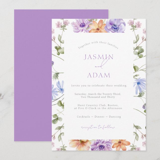 Modern Lilac & Peach Floral Wedding Invitation (Front/Back)