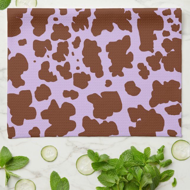 Modern Lilac Purple and Brown Cow Skin Print Kitchen Towel (Folded)