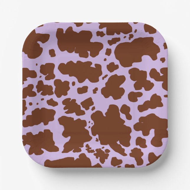 Modern Lilac Purple and Brown Cow Skin Print Paper Plate (Front)