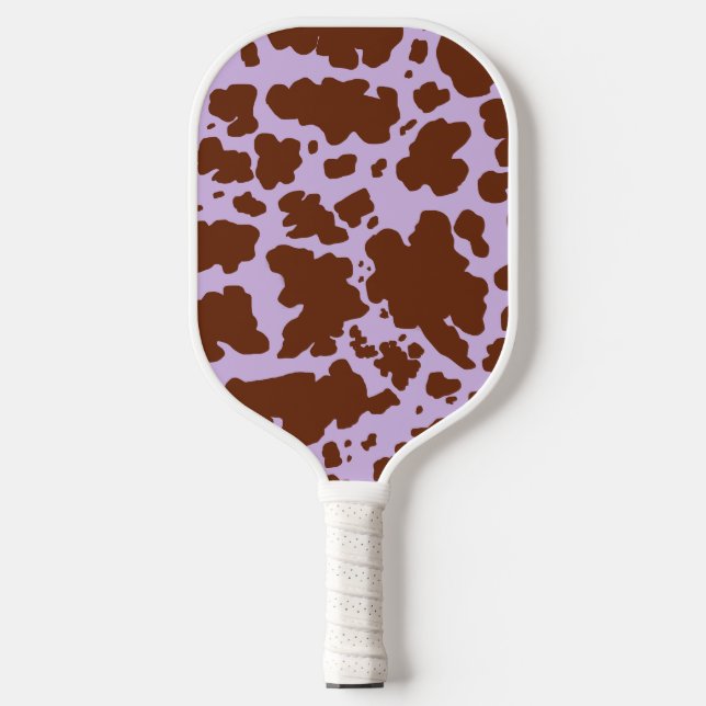 Modern Lilac Purple and Brown Cow Skin Print Pickleball Paddle (Front)