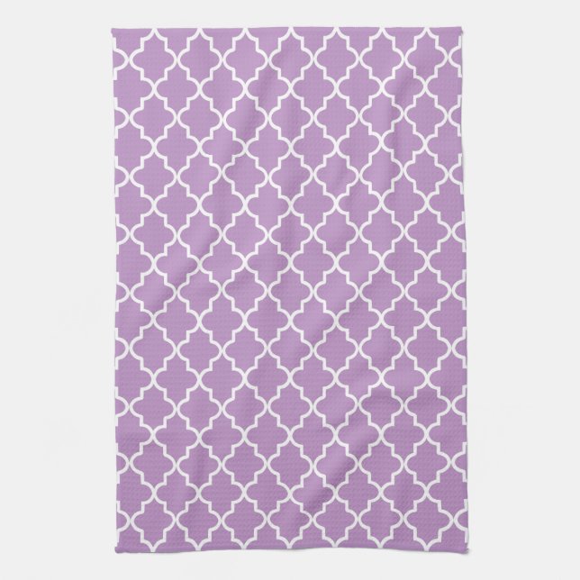 Modern Lilac Purple and White Moroccan Quatrefoil Kitchen Towel (Vertical)