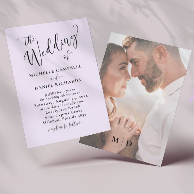Modern Lilac Purple Calligraphy & Photo Wedding Invitation (Creator Uploaded)