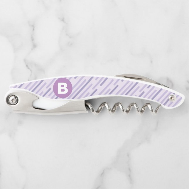 Modern Lilac Purple Diagonal Stripes Monogram Corkscrew (Front)