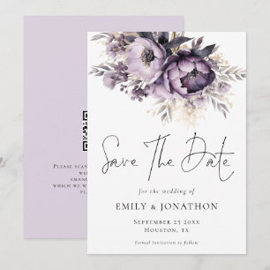 Modern Lilac Purple Florals QR Code Wedding Save The Date
