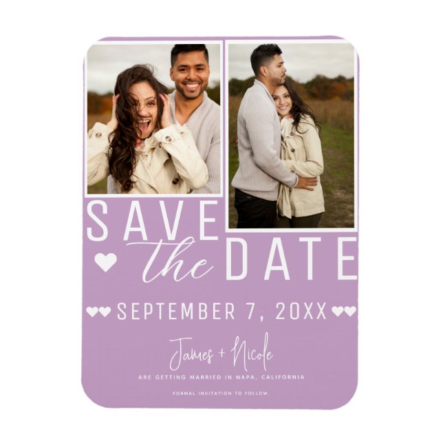 Modern Lilac Purple Save the Date 2 Photo Wedding Magnet (Vertical)