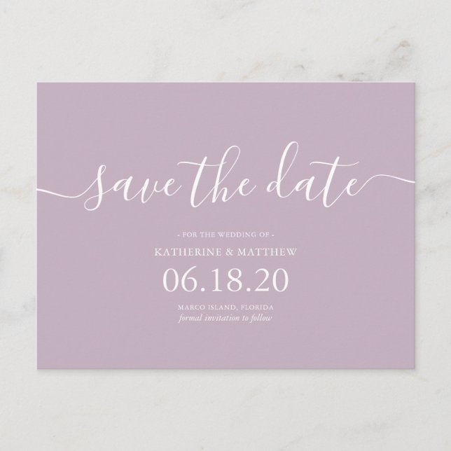 Modern Lilac Script Wedding Save the Date Announcement Postcard (Front)