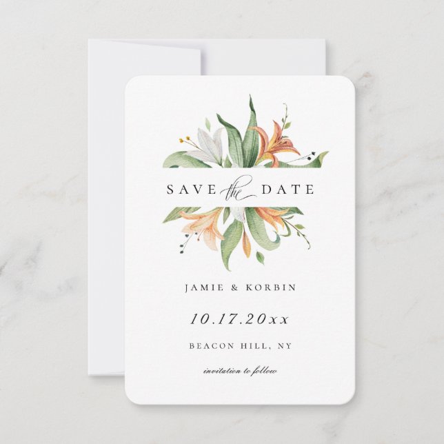 Modern Lily Botanical Floral Save The Date Announcement (Front)