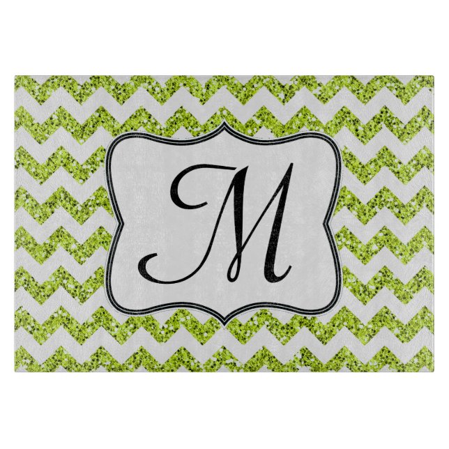 Modern Lime Chevron Monogram Glass Cutting Board (Front)