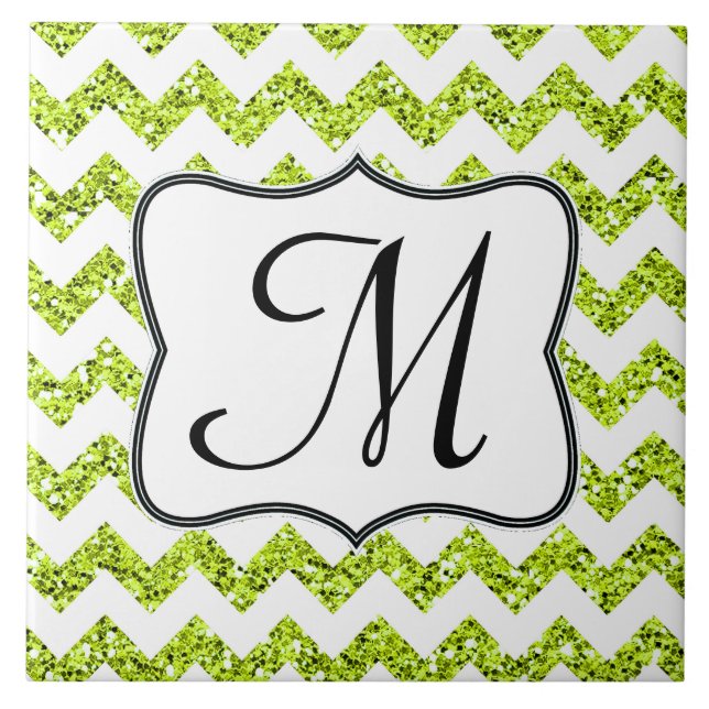 Modern Lime Glitter Chevron Monogram Display Tile (Front)