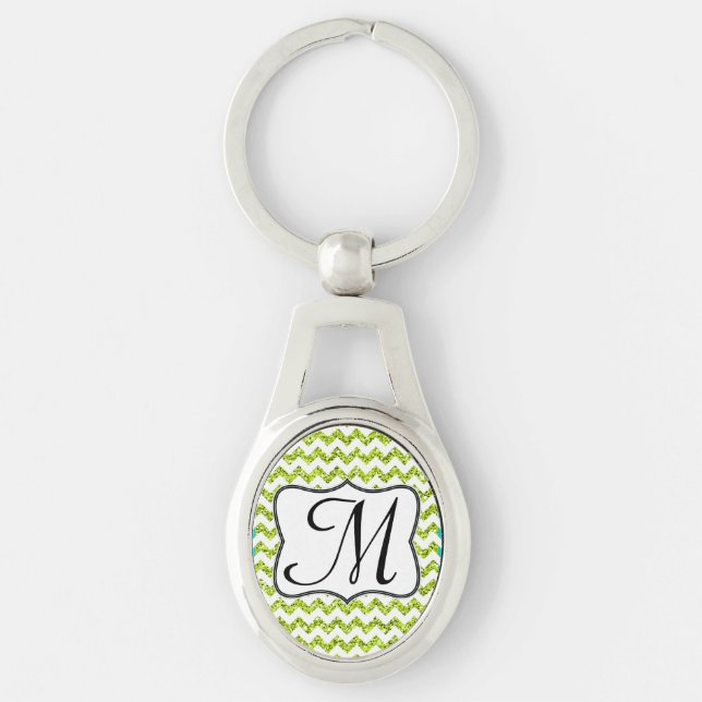 Modern Lime Gree Glitter Chevron Zig Zag Key Chain (Front)