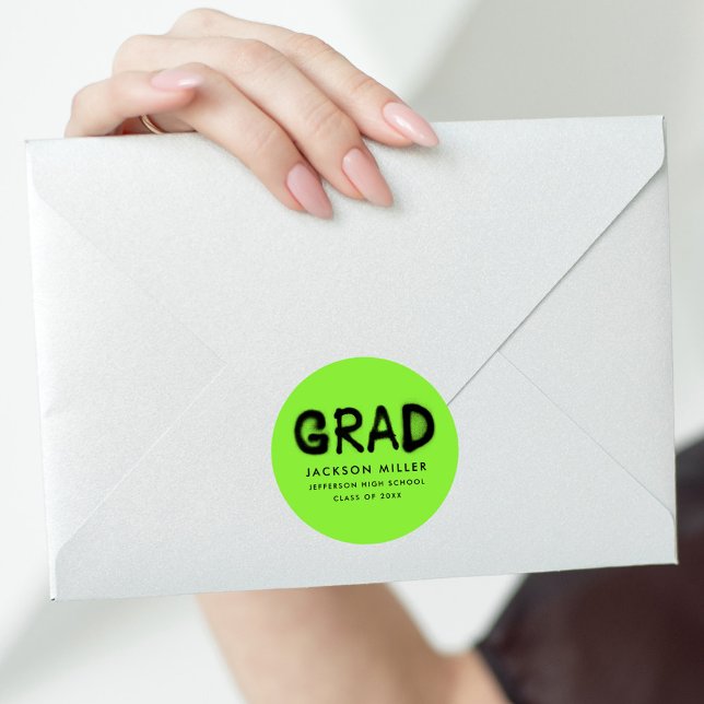 Modern Lime Green and Black Spray Paint Graduation Classic Round Sticker (Creator Uploaded)