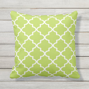Modern Lime Green and White Moroccan Quatrefoil Outdoor Pillow