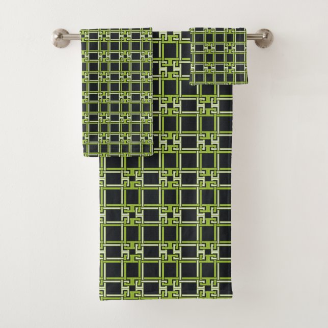 Modern Lime Green Black Greek Key Geometric Bath Towel Set (Insitu)