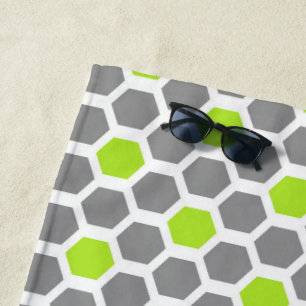 Modern Lime Green Grey Geometric Hexagon Pattern Beach Towel
