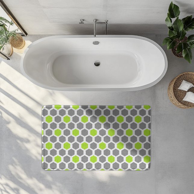 Modern Lime Green Grey Hexagon Geometric Pattern Bath Mat (Creator Uploaded)