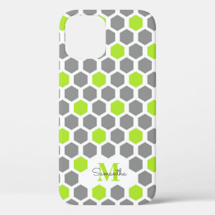 Modern Lime Green Grey Hexagon With Name Monogram iPhone 12 Case