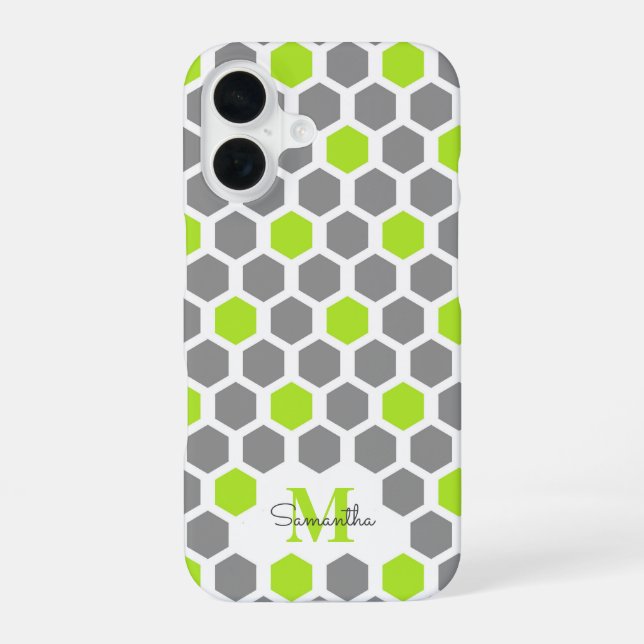 Modern Lime Green Grey Hexagon With Name Monogram iPhone 16 Case (Back)