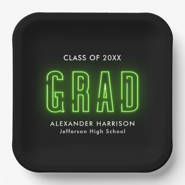 Modern Lime Green Neon Graduation Paper Plate (Front)