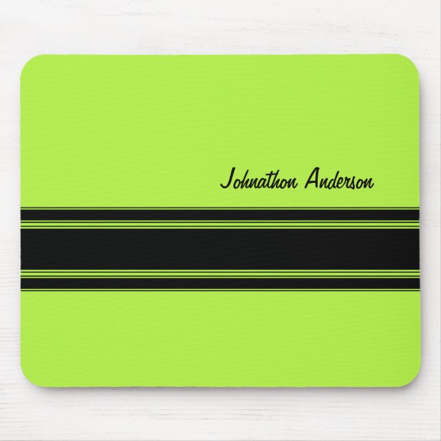 Modern Lime Green Racing Stripes With Name Mouse Pad (Front)