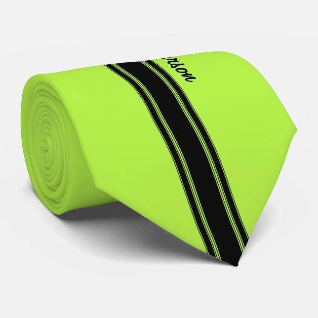 Modern Lime Green Racing Stripes With Name Tie (Rolled)