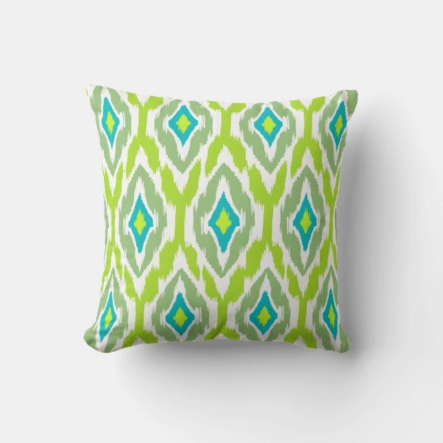 Modern lime green teal Ikat Tribal Pattern 1a Throw Pillow (Front)
